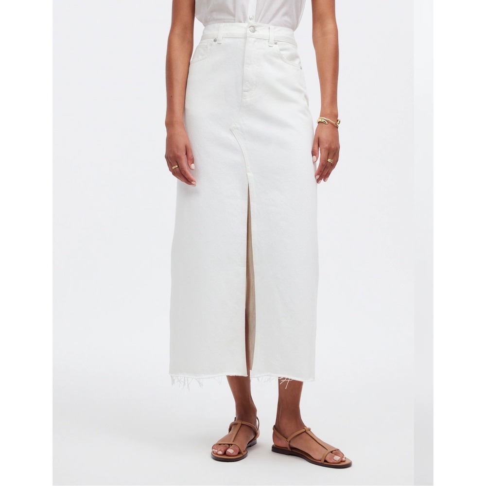 Madewell Rilee Denim Midi Skirt Tile White NQ802 High Rise Front Slit 25 FLAW